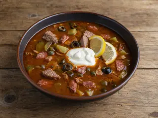 Tigela de solianka russa com carne, picles, azeitonas, creme azedo, limão e endro