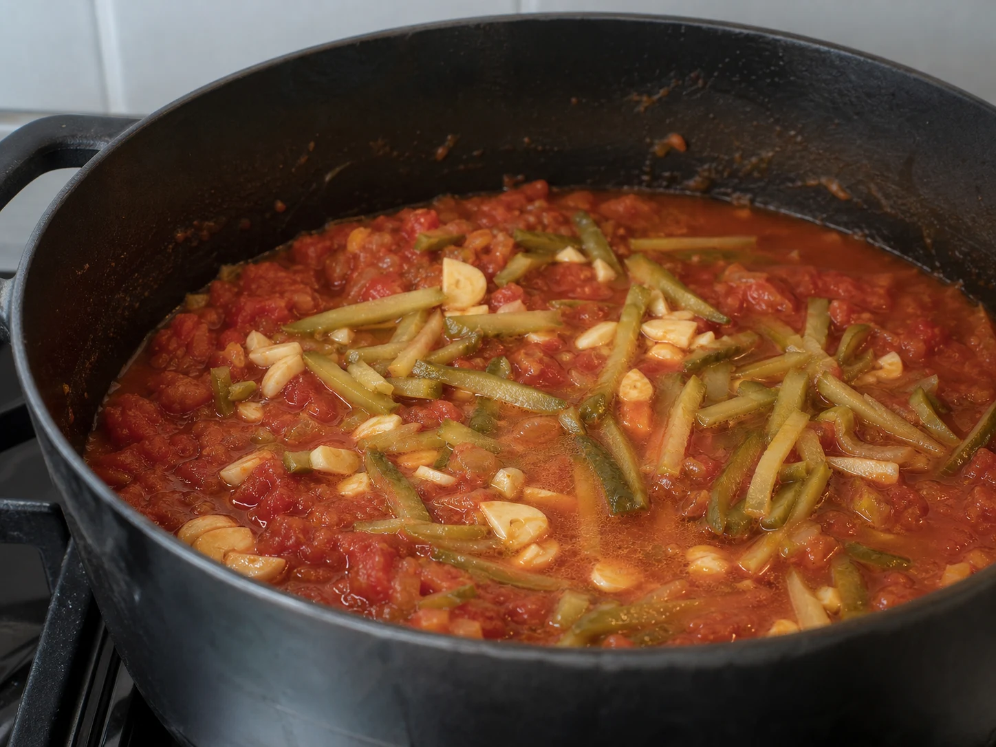 Base vermelho-tijolo de picles e tomate cozinhando em uma panela para solianka russa de carne
