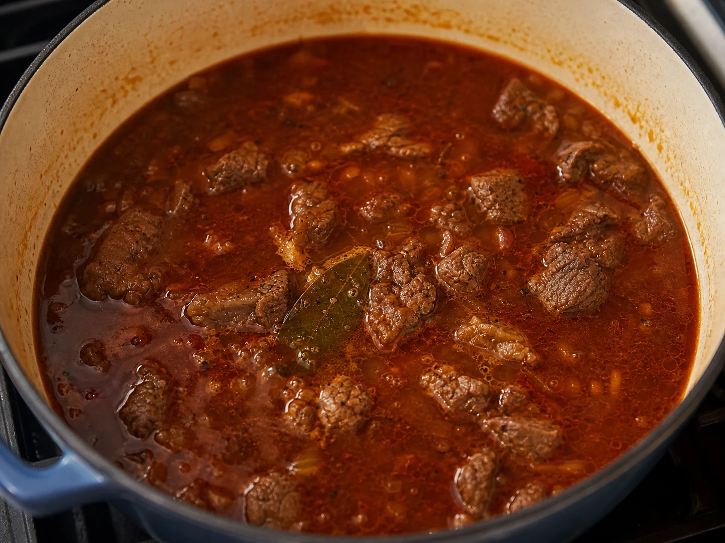 Carne totalmente cozida e macia à colher fervendo em caldo vermelho-tijolo para solianka russa