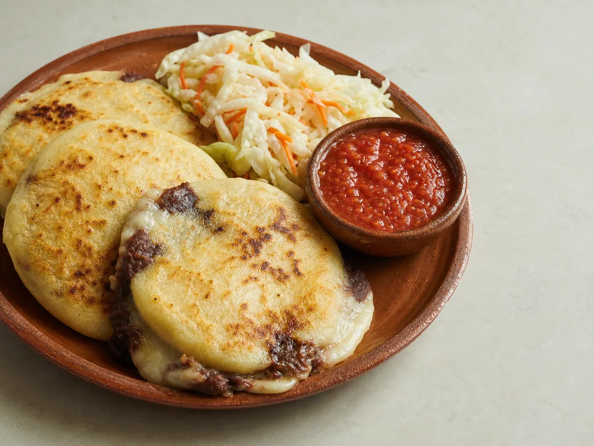 Pupusas salvadorenhas de queijo e feijão servidas com curtido e salsa roja