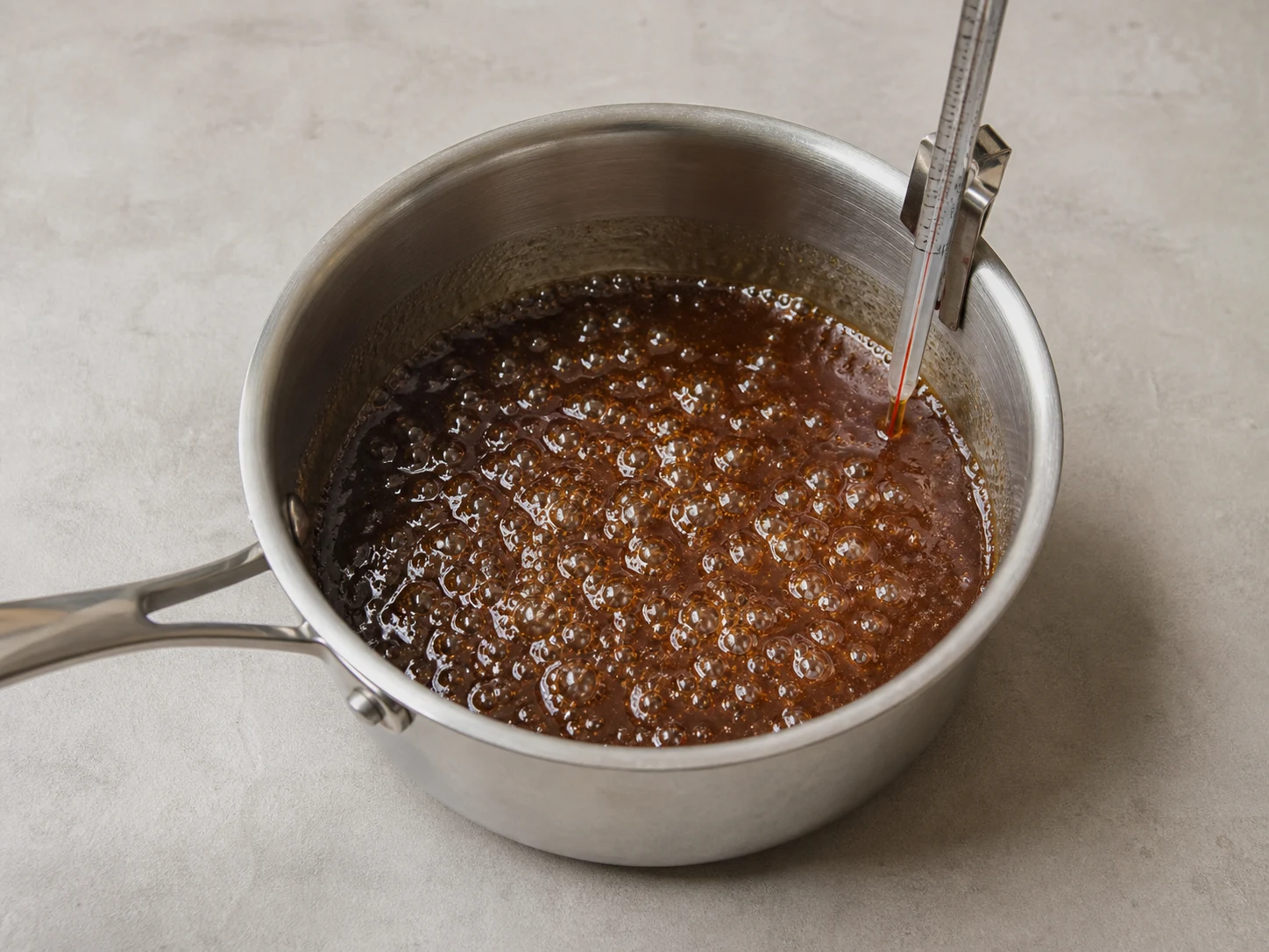 Calda de panela dissolvida fervendo com um termômetro culinário