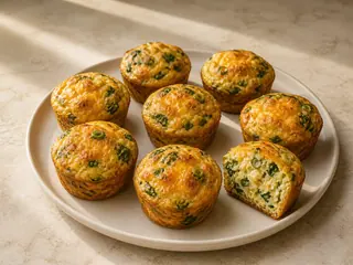 Muffins salados de requesón para el desayuno con espinaca y cheddar en un plato sencillo