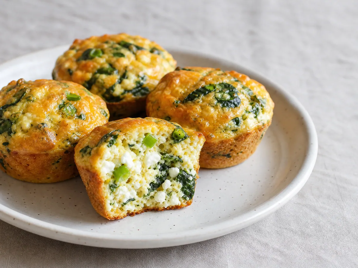 Savory cottage cheese breakfast muffins with spinach and cheddar on a simple plate