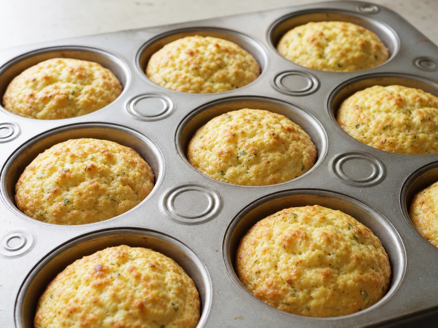 Fully baked cottage cheese muffins in the pan with a thermometer probe checking the center