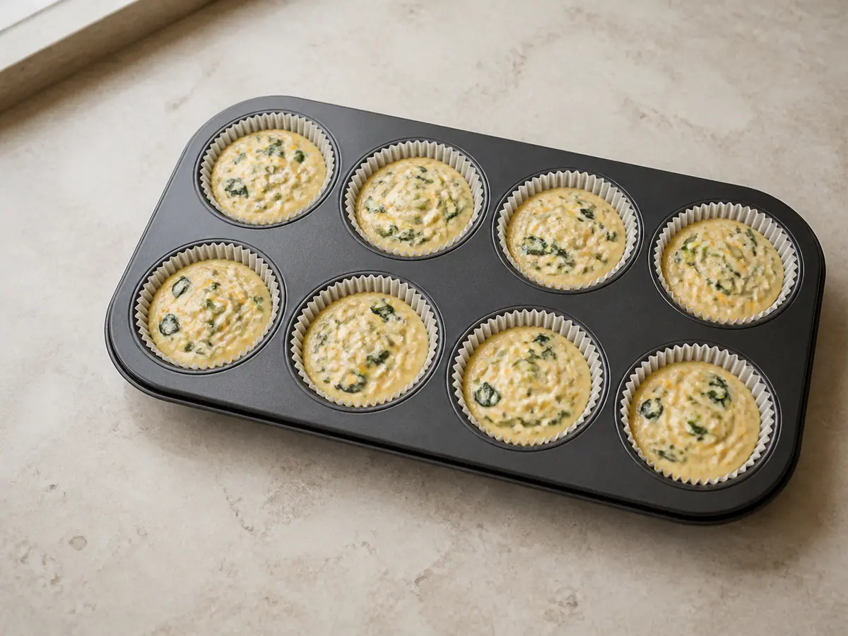 Raw batter portioned into lined muffin wells