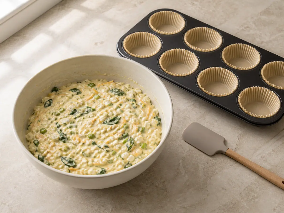 Savory cottage cheese muffin batter mixed with vegetables and cheddar