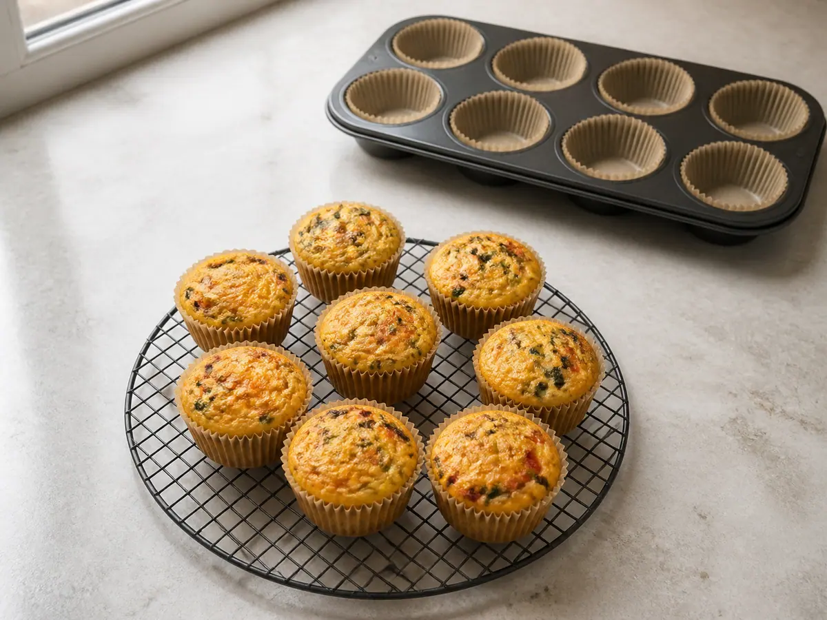 Warm savory cottage cheese breakfast muffins resting after baking