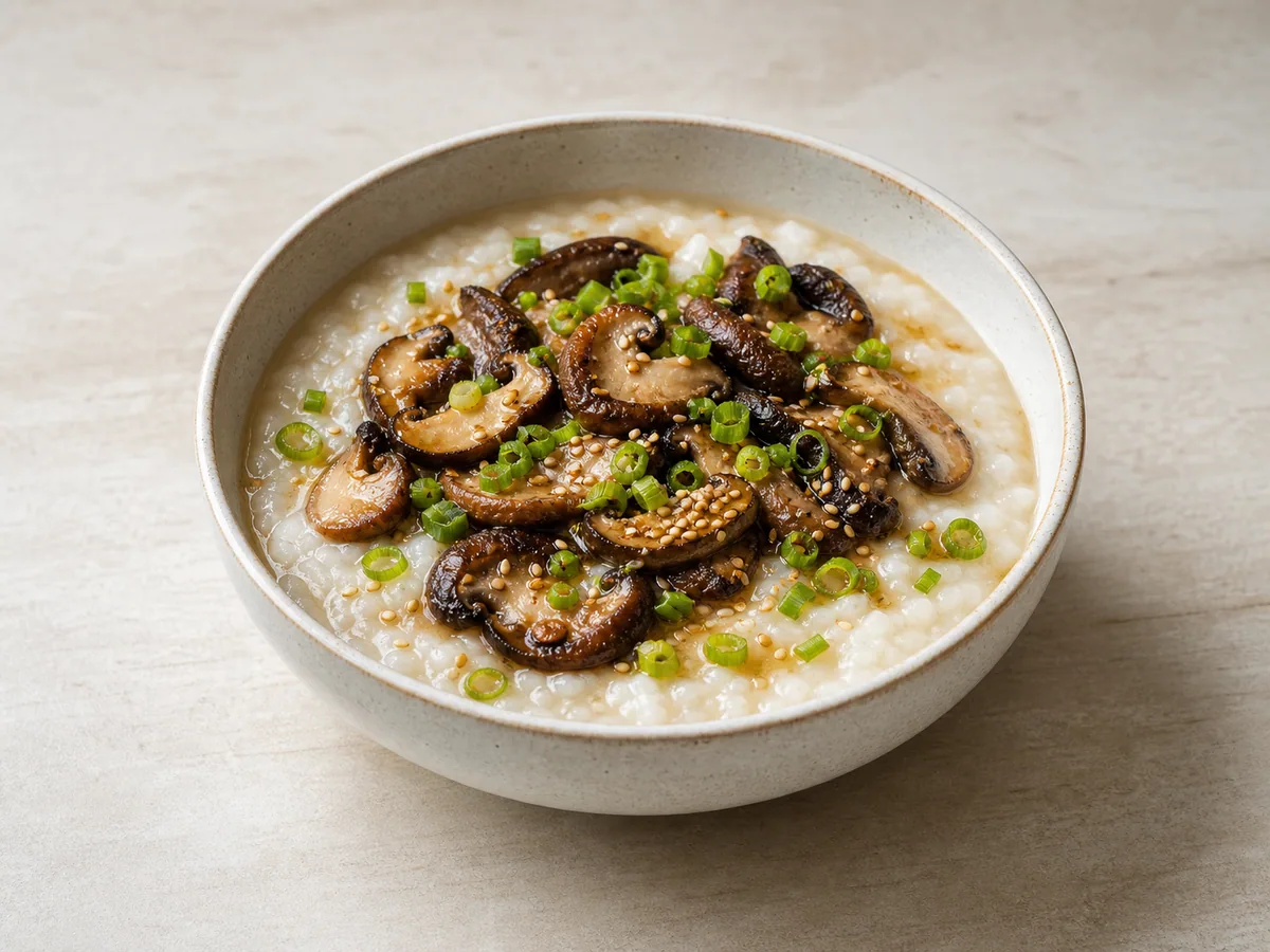 Tazón de congee salado de champiñones con cebollín y semillas de sésamo