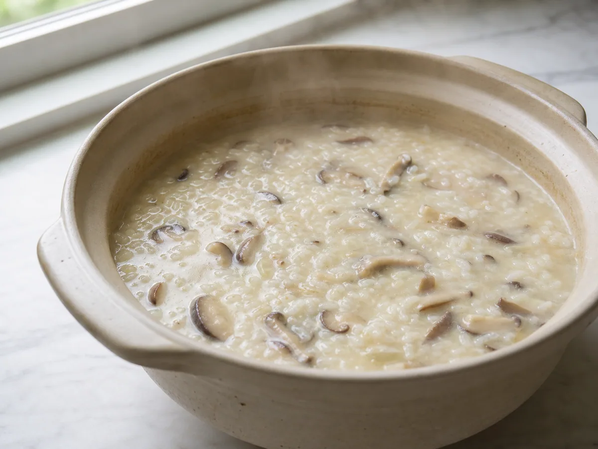 Mingau cremoso e fluido de cogumelos com arroz desfeito na panela