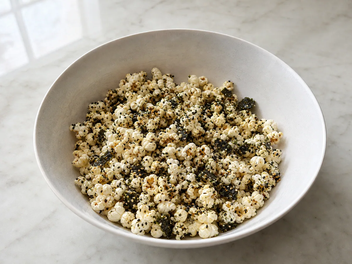 Pipoca de algas parcialmente coberta com nori e gergelim branco e preto em uma tigela larga