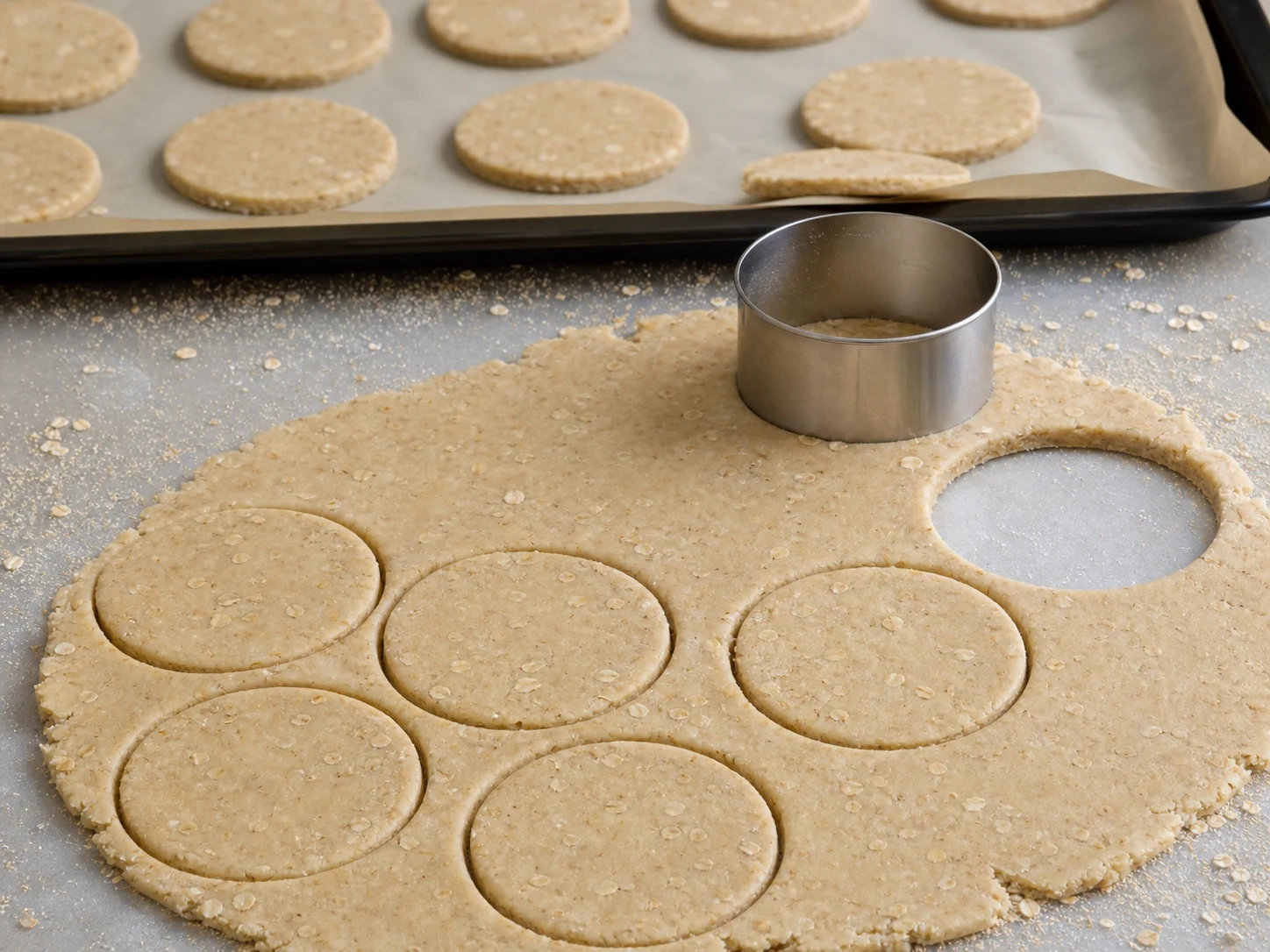 Thin rounds cut from warm Scottish oatcake dough on an oatmeal-dusted surface