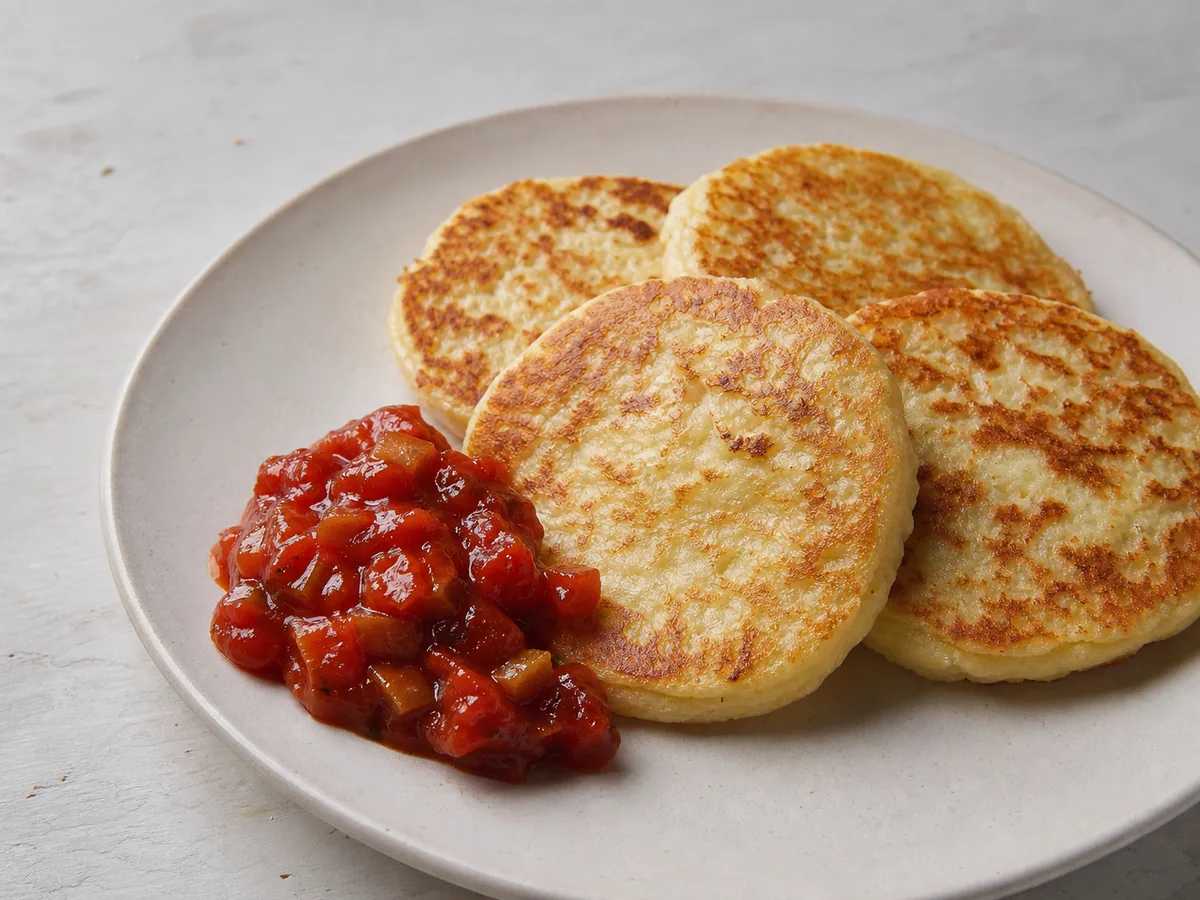 Escones escoceses de batata dourados servidos com relish encorpado de tomate