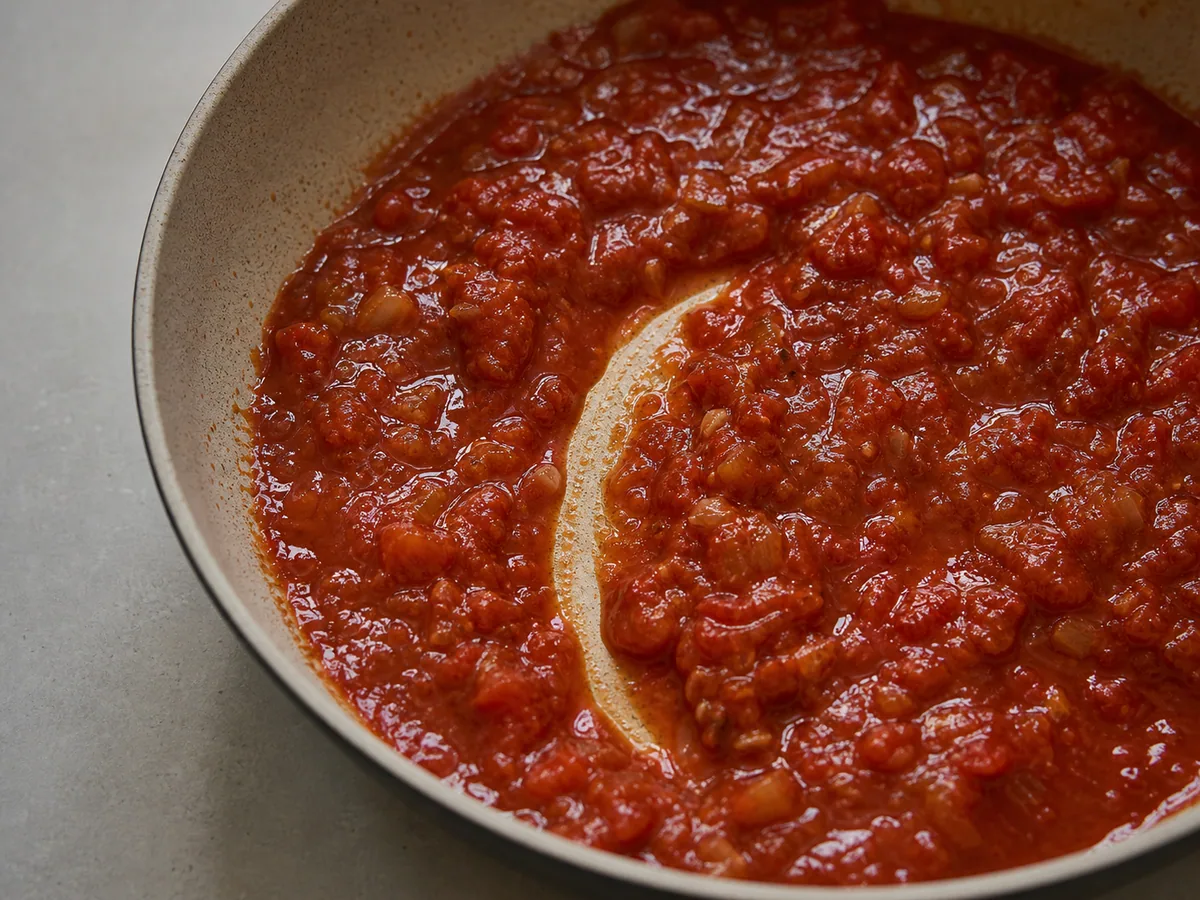 Relish con trozos de tomate y cebolla morada reducido hasta quedar brillante y dejar un surco claro de cuchara