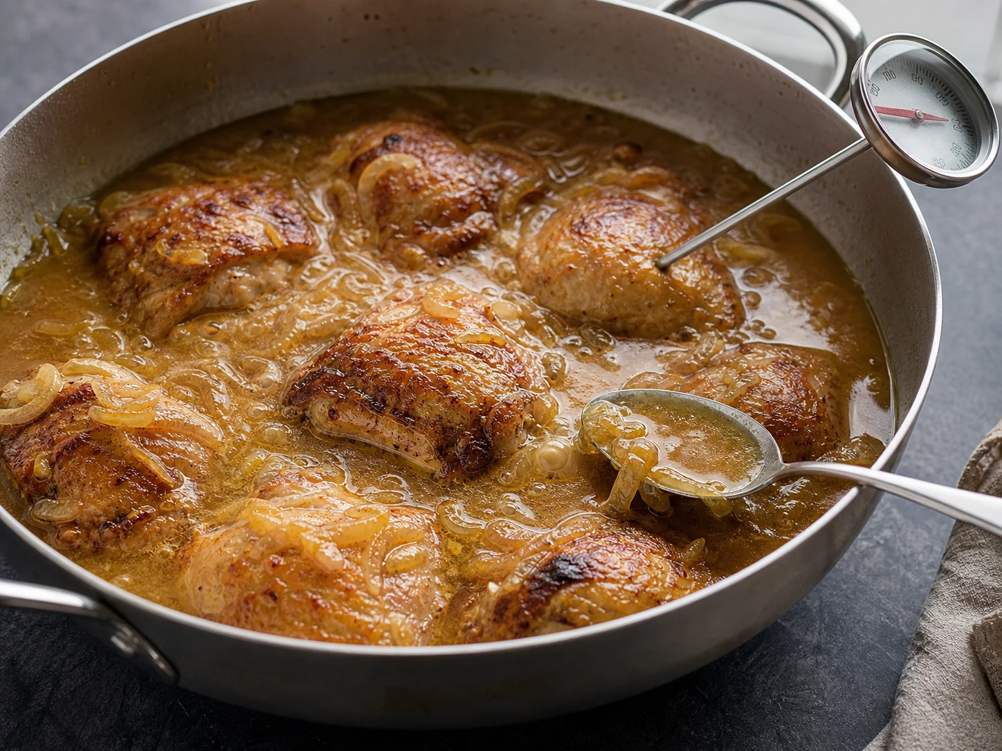 Pollo yassa senegalés completamente cocido y braseado en salsa dorada y brillante de cebolla