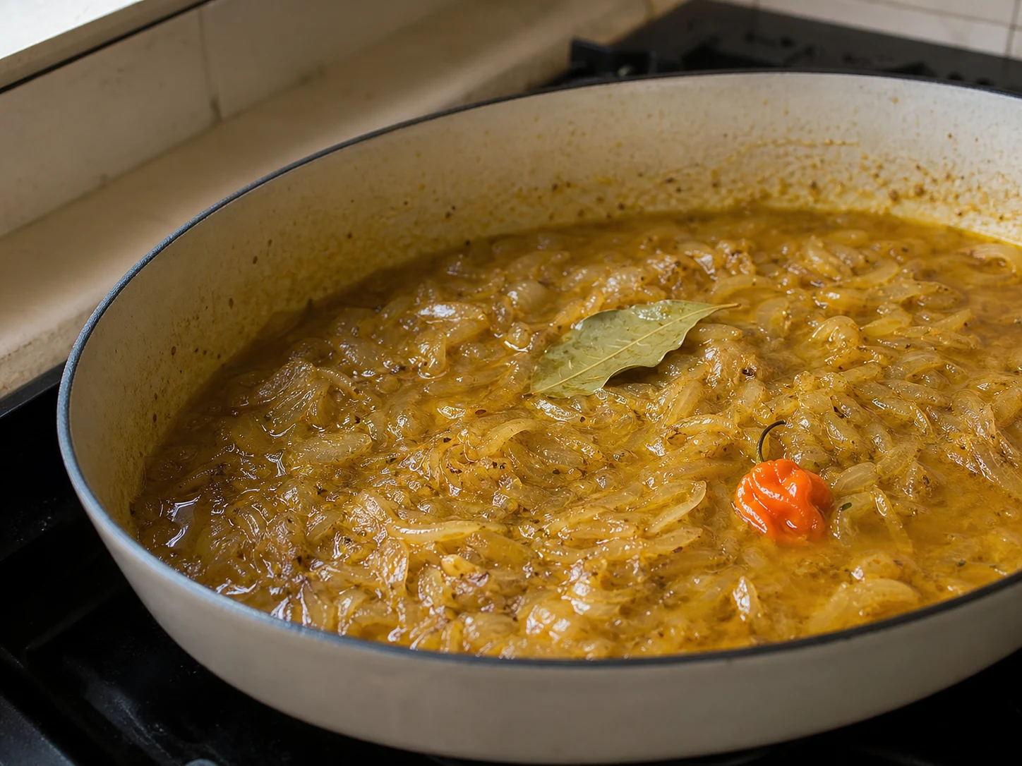 Cebollas doradas intensamente en una sartén para la salsa de pollo yassa senegalés