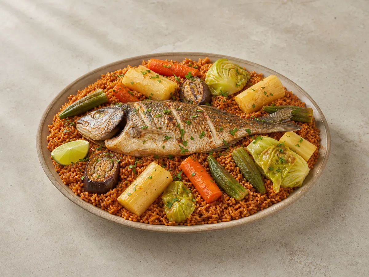 Thieboudienne senegalês com arroz de tomate, peixe branco, mandioca, repolho, berinjela, cenoura e quiabo