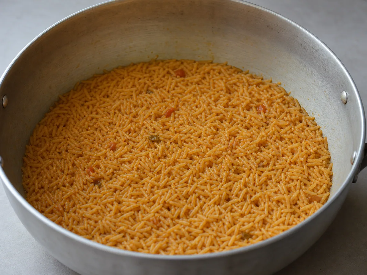 Arroz quebrado vermelho de tomate com o caldo absorvido na panela de thiéboudienne