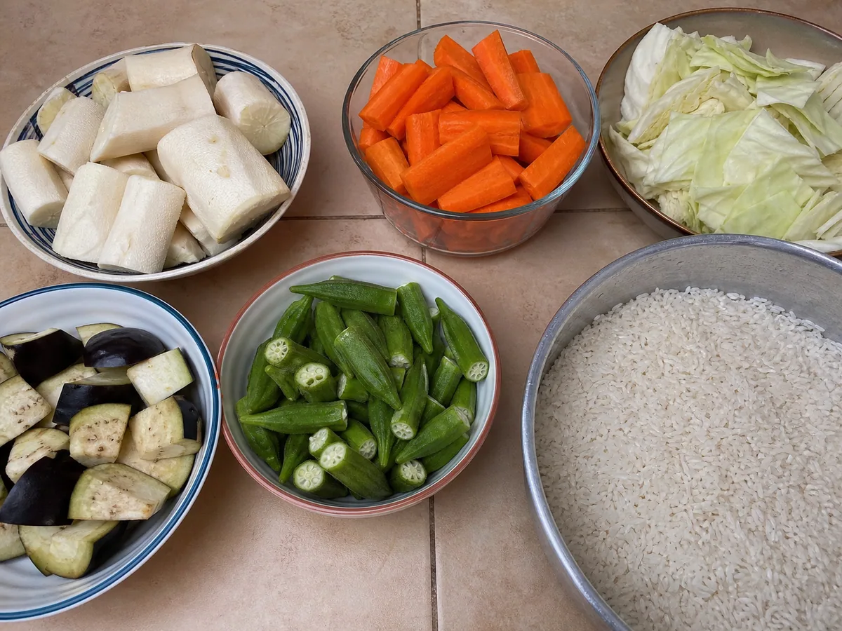 Preparo dos legumes e do arroz