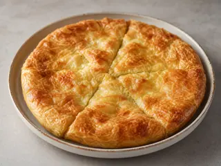 Quadrado de pita sérvia de queijo com camadas douradas de massa filo enrugada