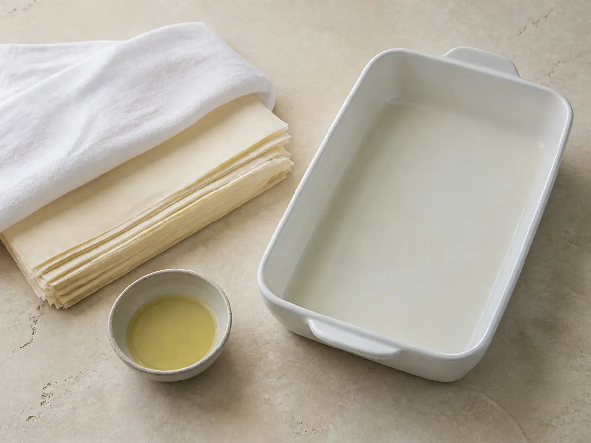 Oiled baking dish and covered phyllo sheets prepared for Serbian cheese pita pie