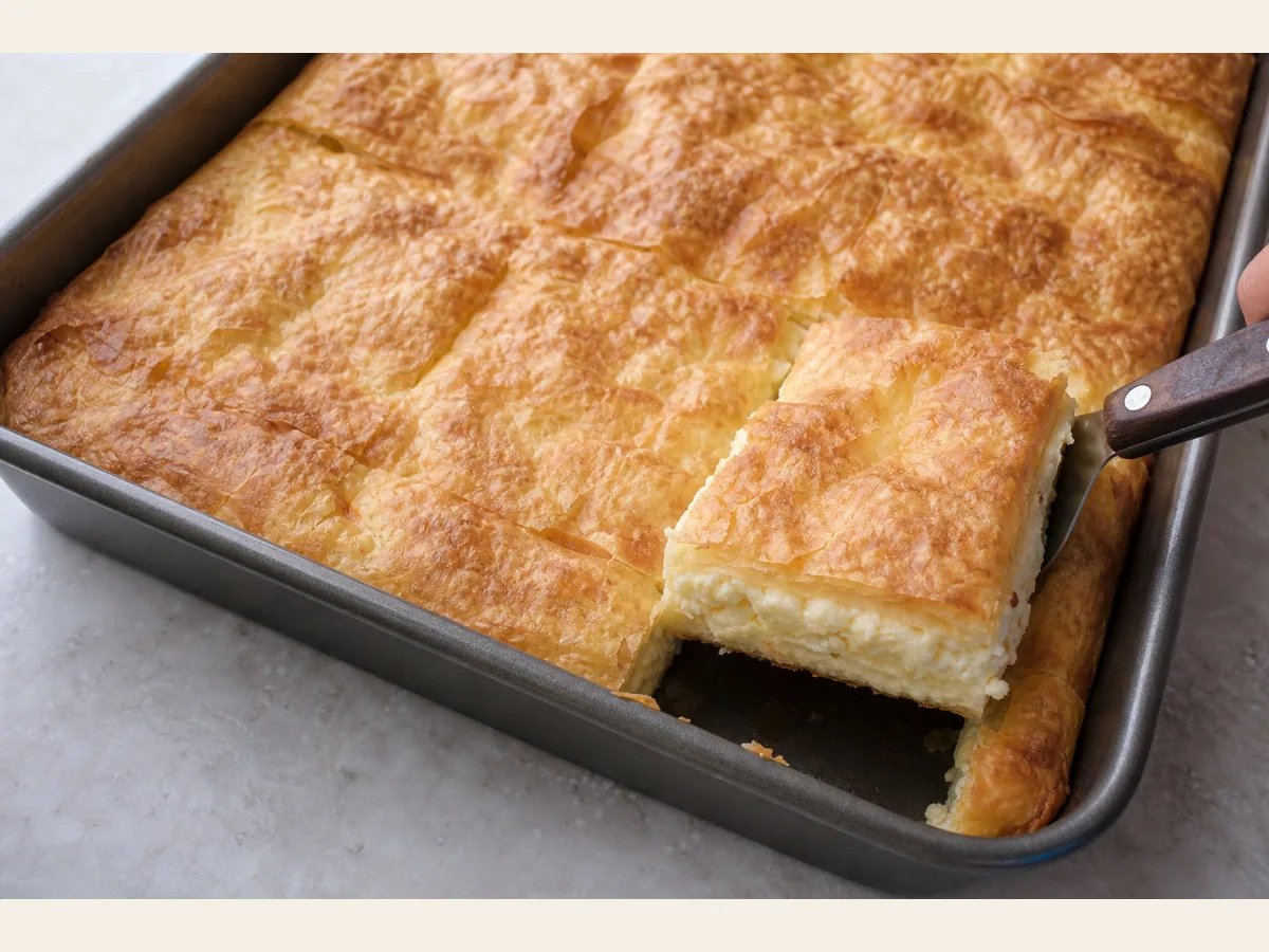 Torta descansada, cortada e servida durante o preparo