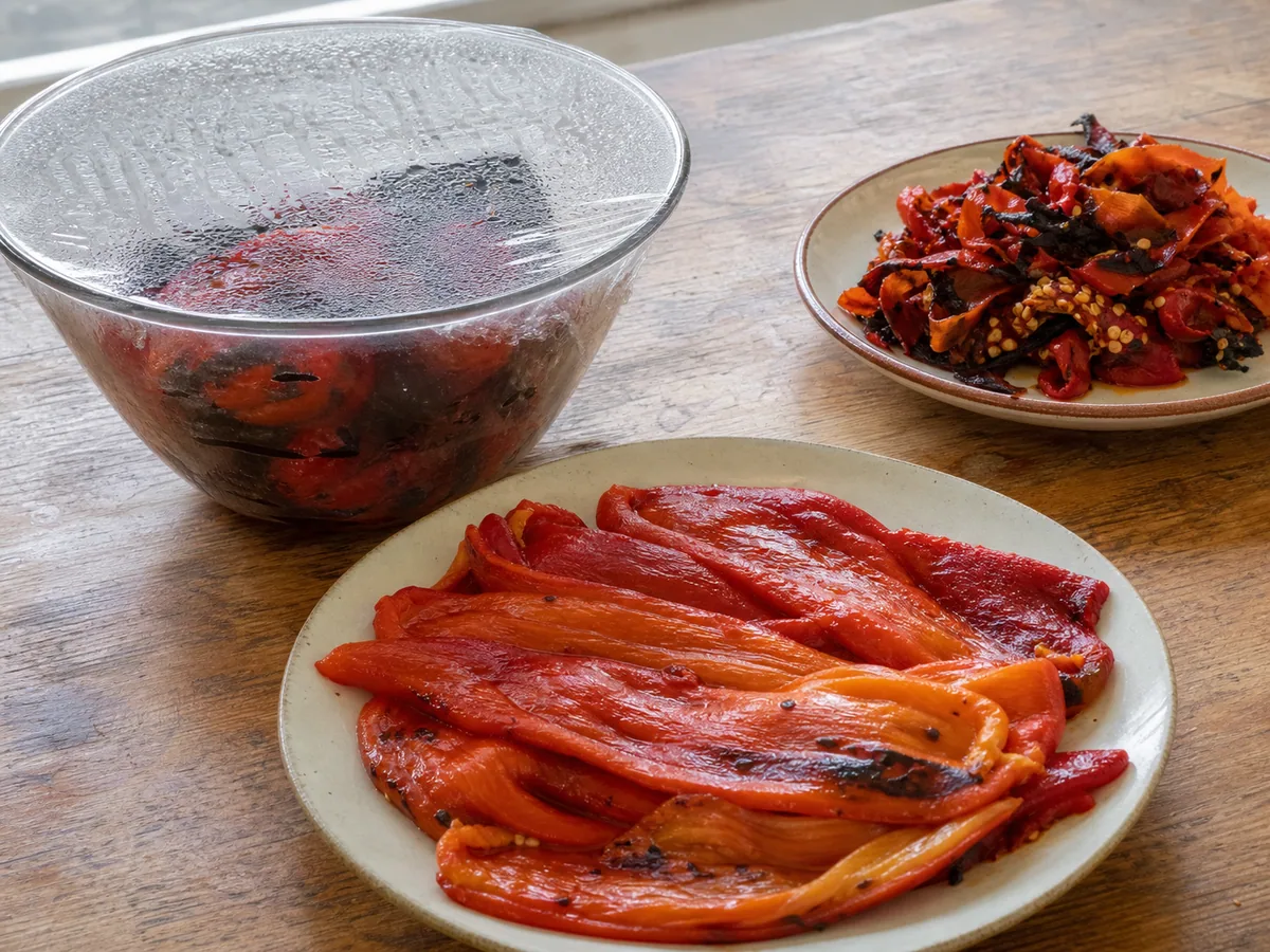 Peeled, seeded red pepper strips prepared for Serbian pork and pepper muckalica