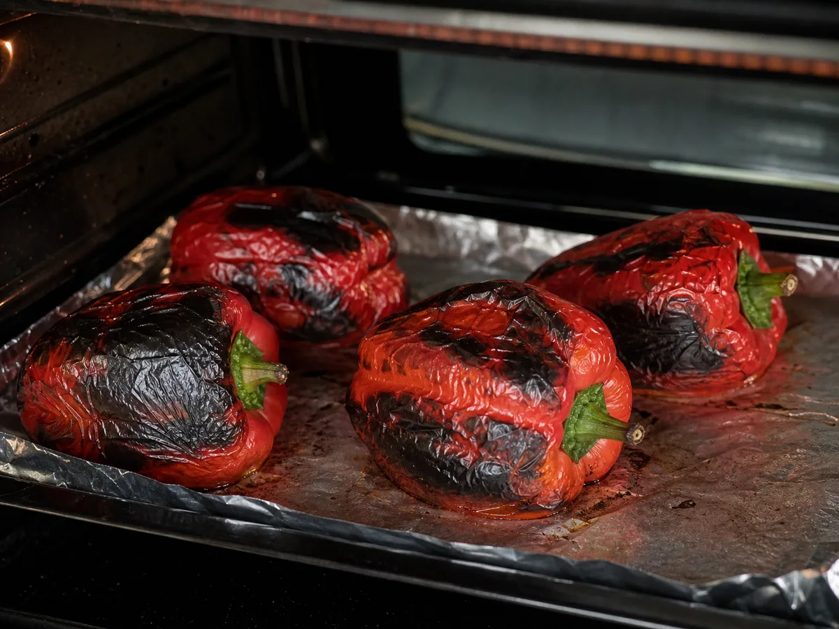 Blistered red bell peppers on a baking sheet for Serbian muckalica