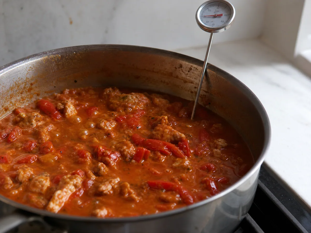 Fully cooked Serbian pork muckalica simmering to a thick consistency