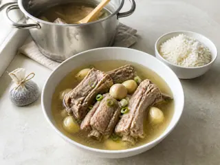 Clear Singaporean bak kut teh pork rib soup with garlic, scallions, and jasmine rice