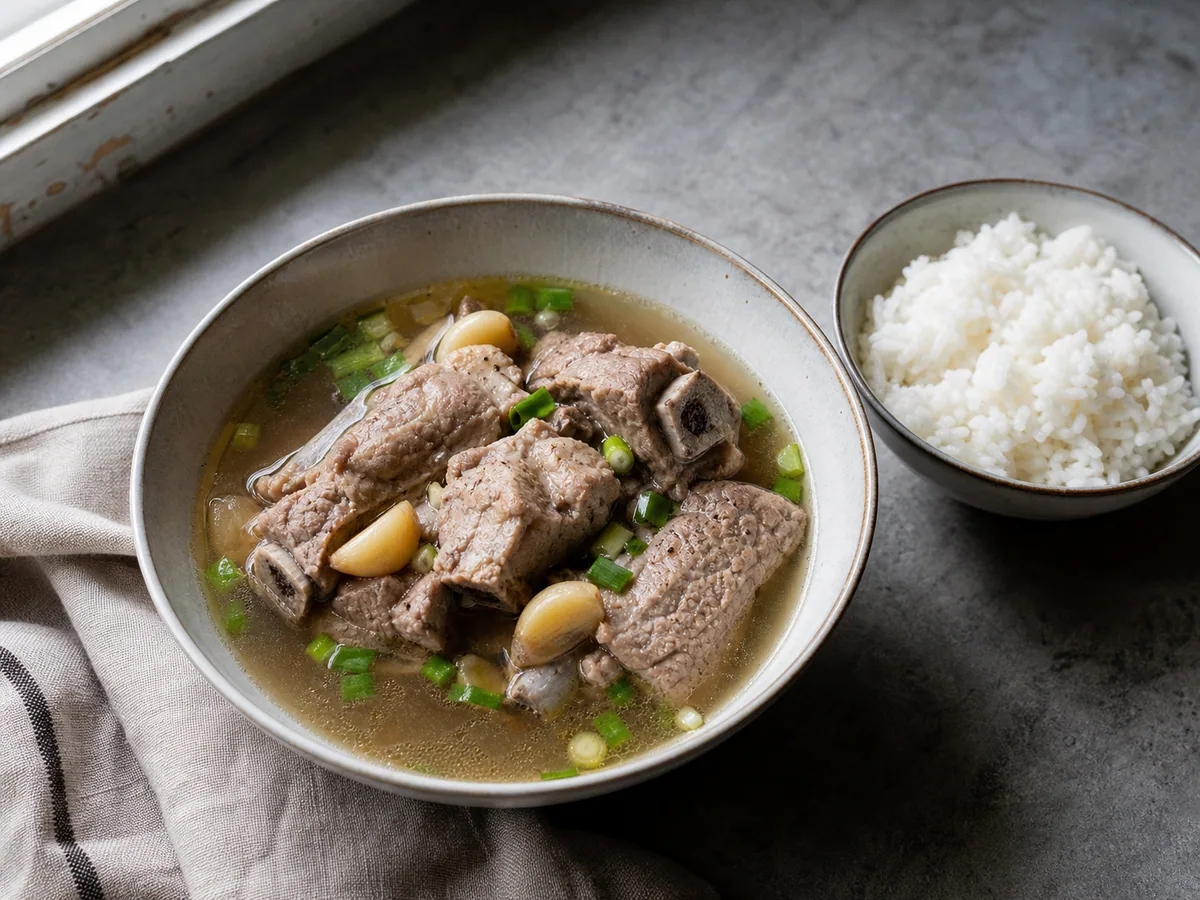 Sopa singapurense clara de bak kut teh com costelinha de porco, alho, cebolinha e arroz-jasmim