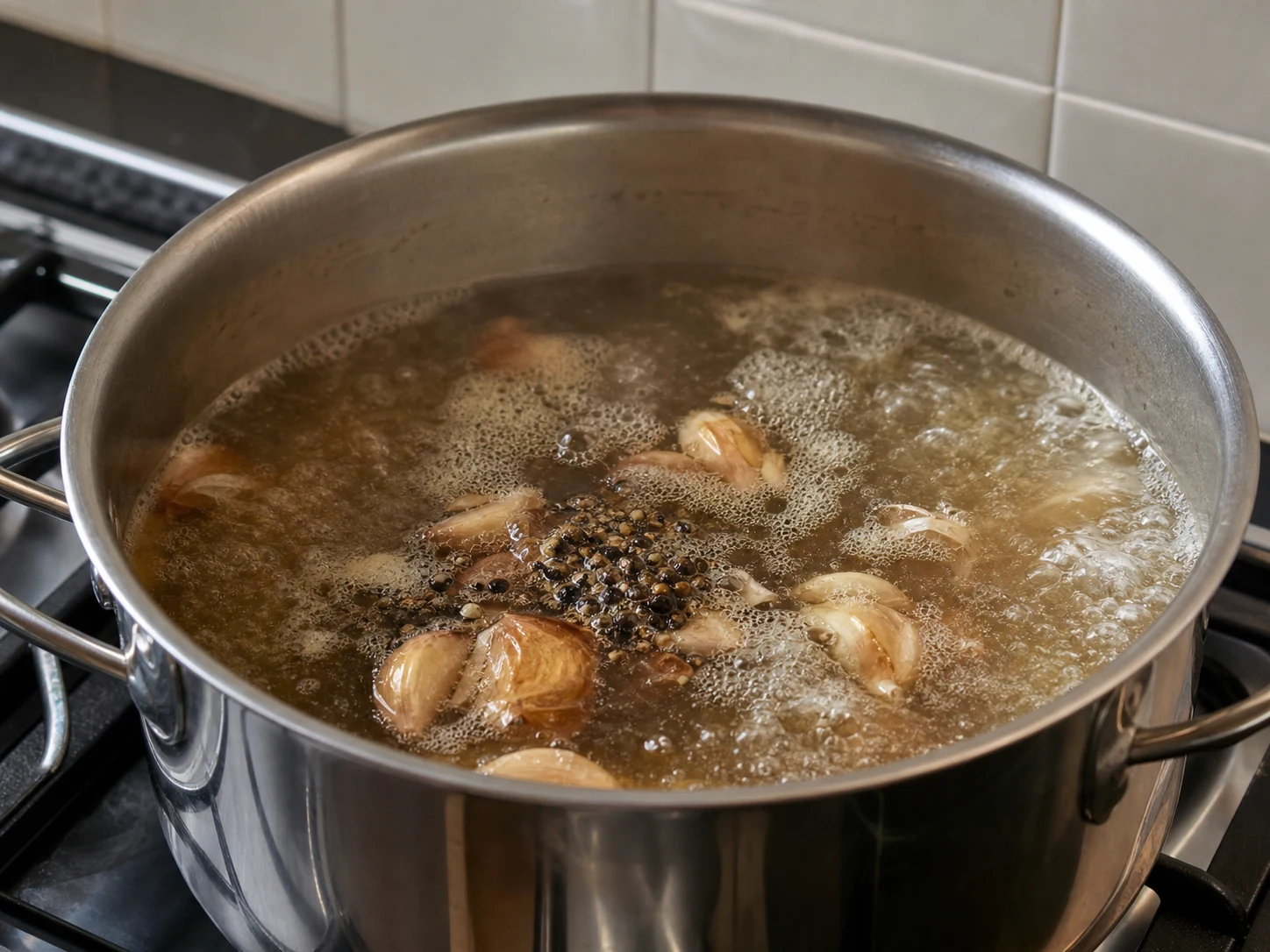 Peppercorn bundle and crushed garlic boiling in clear Singaporean bak kut teh broth before the ribs return