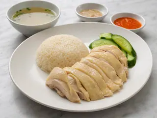 Singaporean Hainanese chicken rice with sliced poached chicken, fragrant rice, cucumber, and dipping sauces