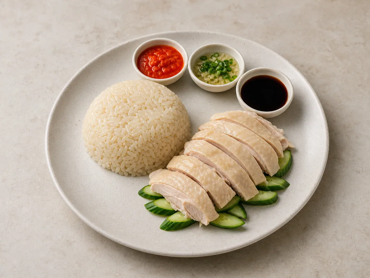 Singaporean Hainanese chicken rice with sliced poached chicken, fragrant rice, cucumber, and dipping sauces