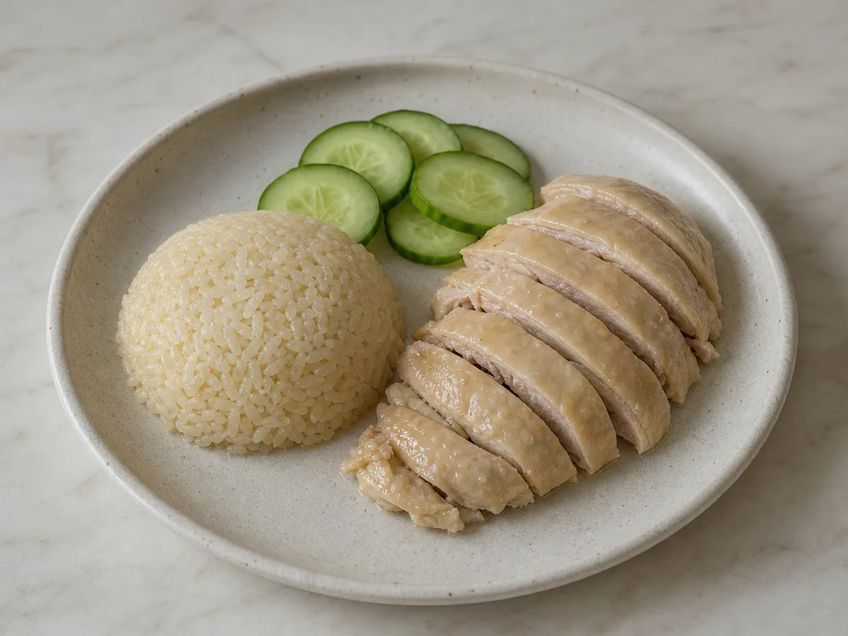 Fully cooked Hainanese pollo carved into serving pieces y arranged over pepino