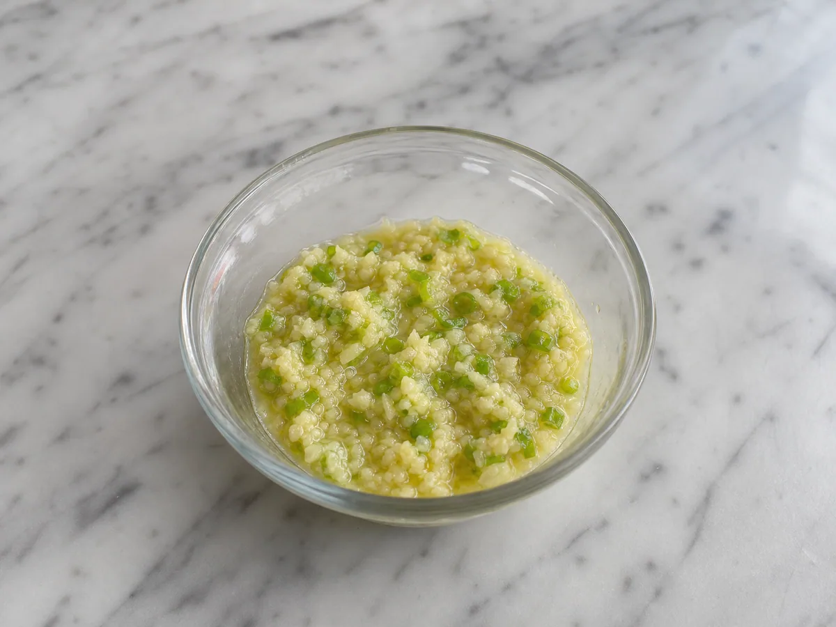 Glossy jengibre-scallion salsa after hot aceite has been stirred through el aromatics