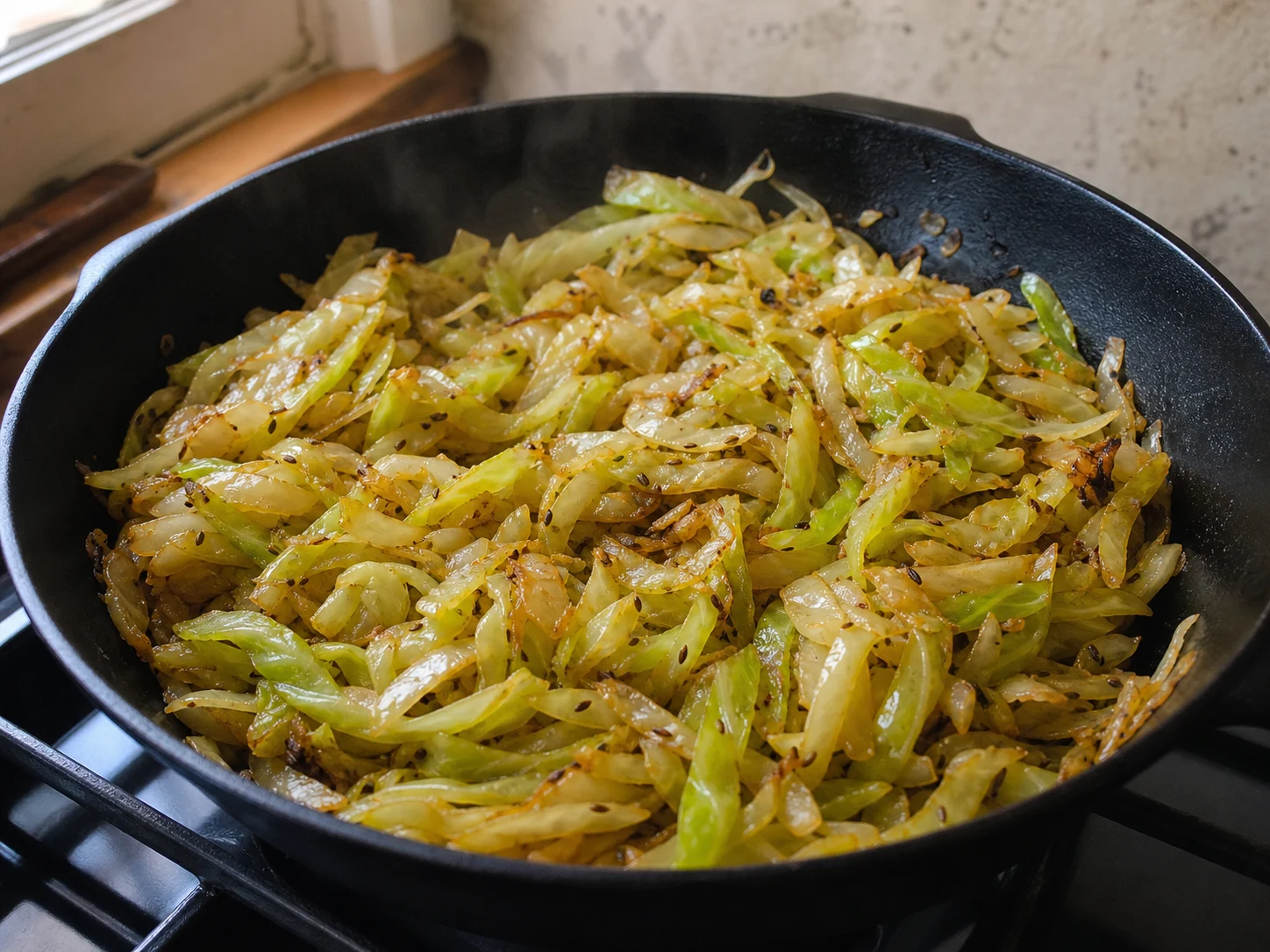 Repollo verde y cebolla dorándose en una sartén para halusky eslovacos con bryndza