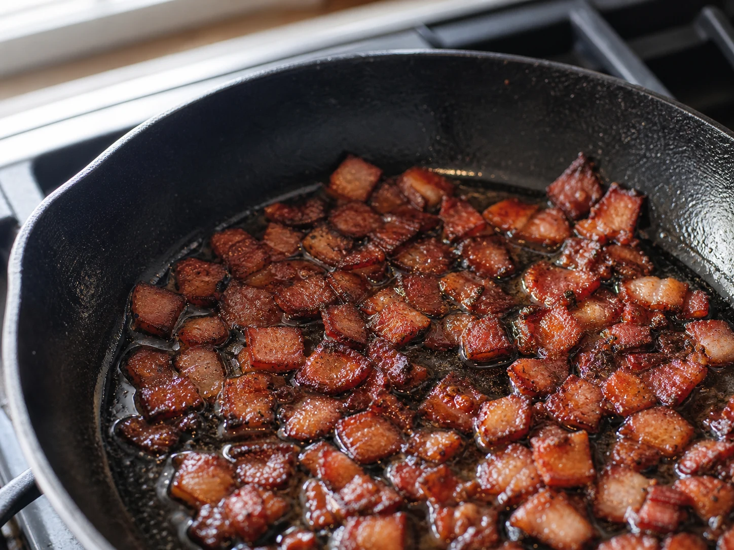 Tocino ahumado bien dorado y crujiente en una sartén para halusky eslovacos con bryndza