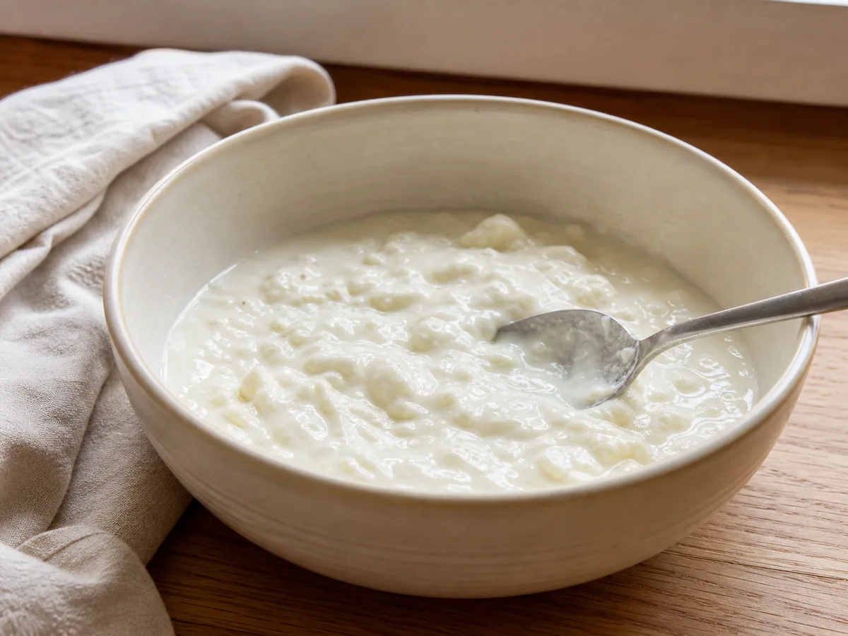 Salsa tersa de bryndza y crema agria lista para cubrir albóndigas eslovacas de papa
