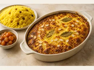 South African bobotie with a golden egg topping, bay leaves, and flaked almonds