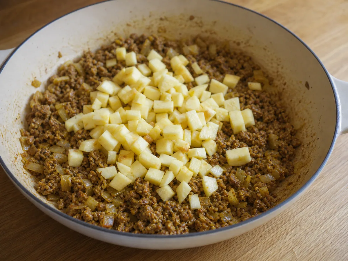 Fully browned beef crumbles and softened apple for South African bobotie