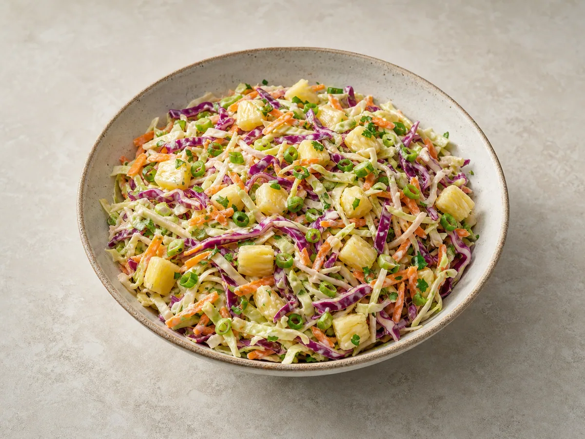 Tigela de salada sul-africana de repolho e abacaxi com cenoura e cebolinha