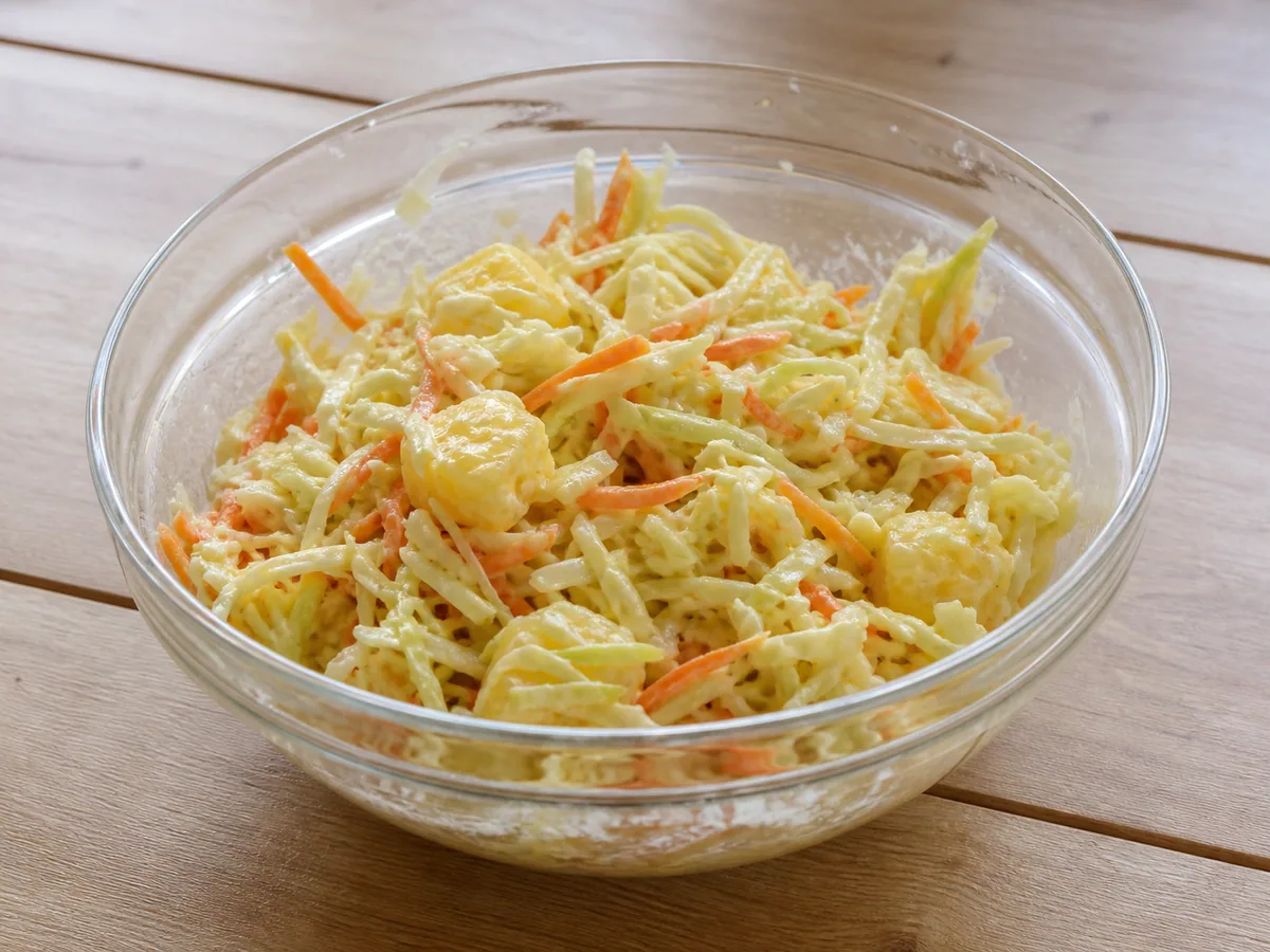 South African cabbage and pineapple slaw lightly coated in creamy dressing after the final toss