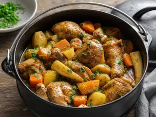 Cast-iron potjie filled with chicken and chunky root vegetables