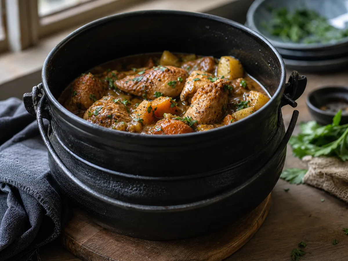 Potjie de frango finalizado depois que as camadas de raízes macias foram delicadamente envolvidas no molho