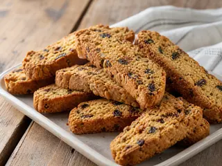 South African raisin and seed rusks beside a mug of hot tea