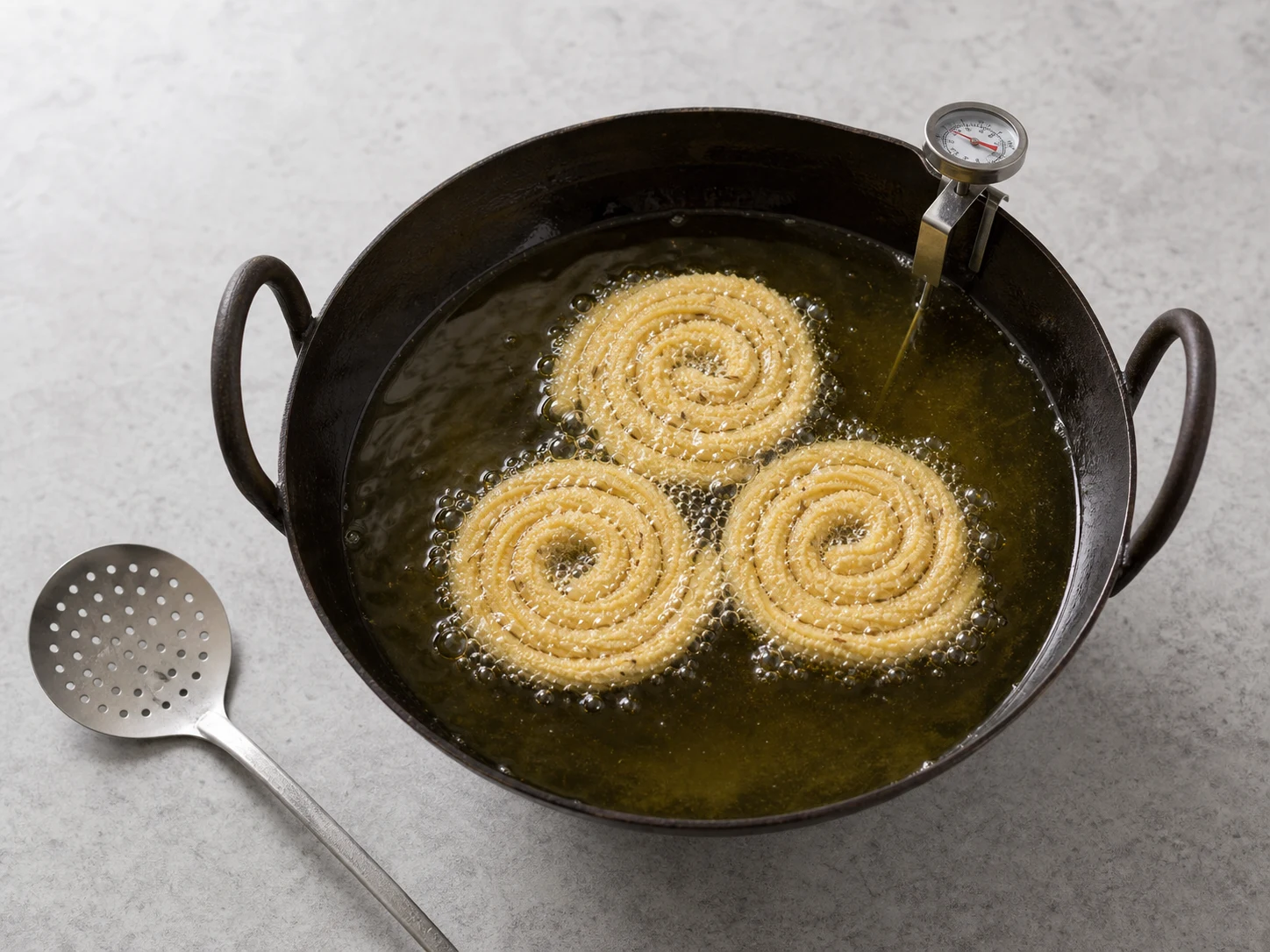 Ridged murukku spirals frying until pale golden with fine bubbles