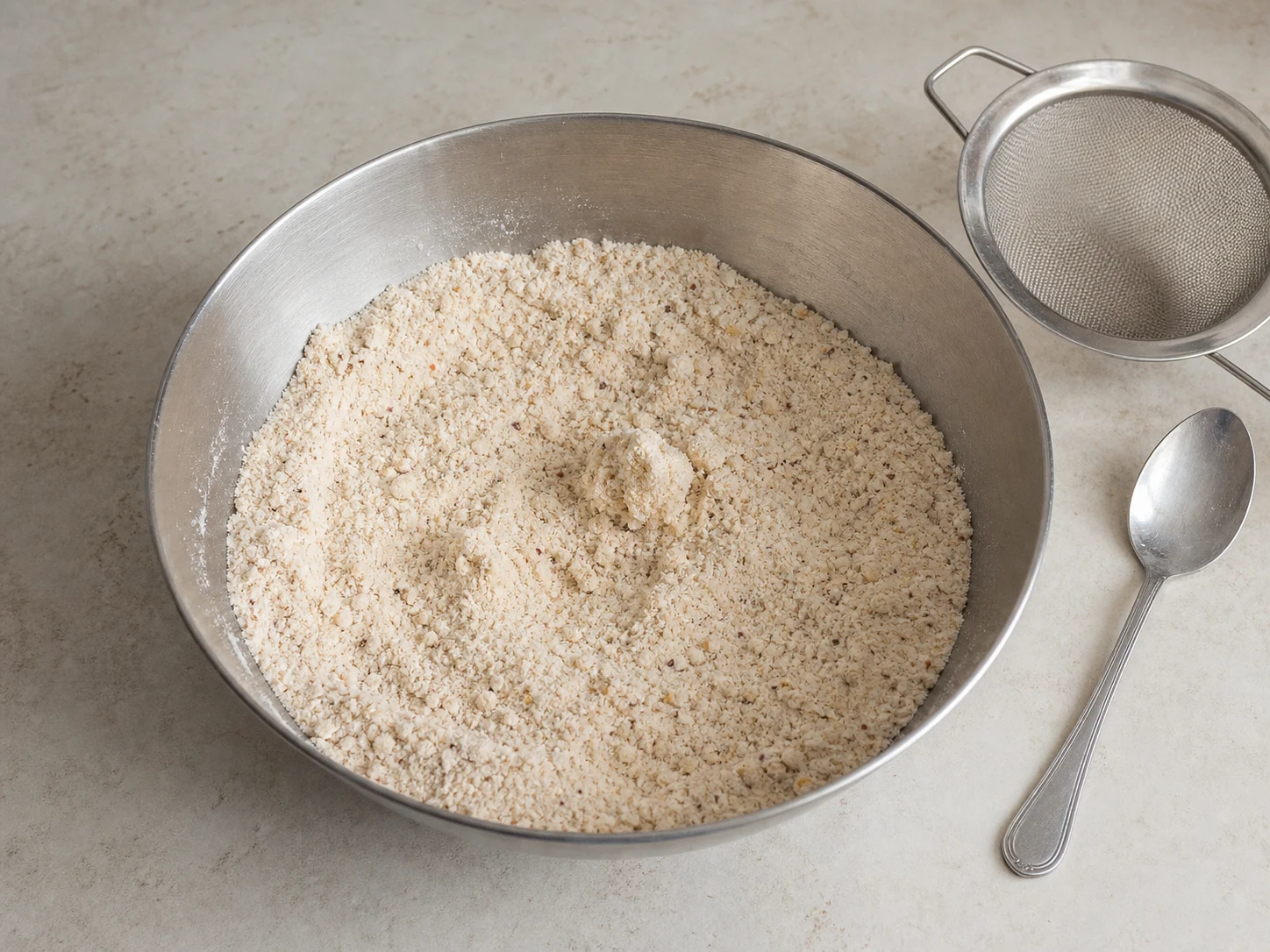 Seasoned rice and urad flour mixture after butter is rubbed in to a sandy texture