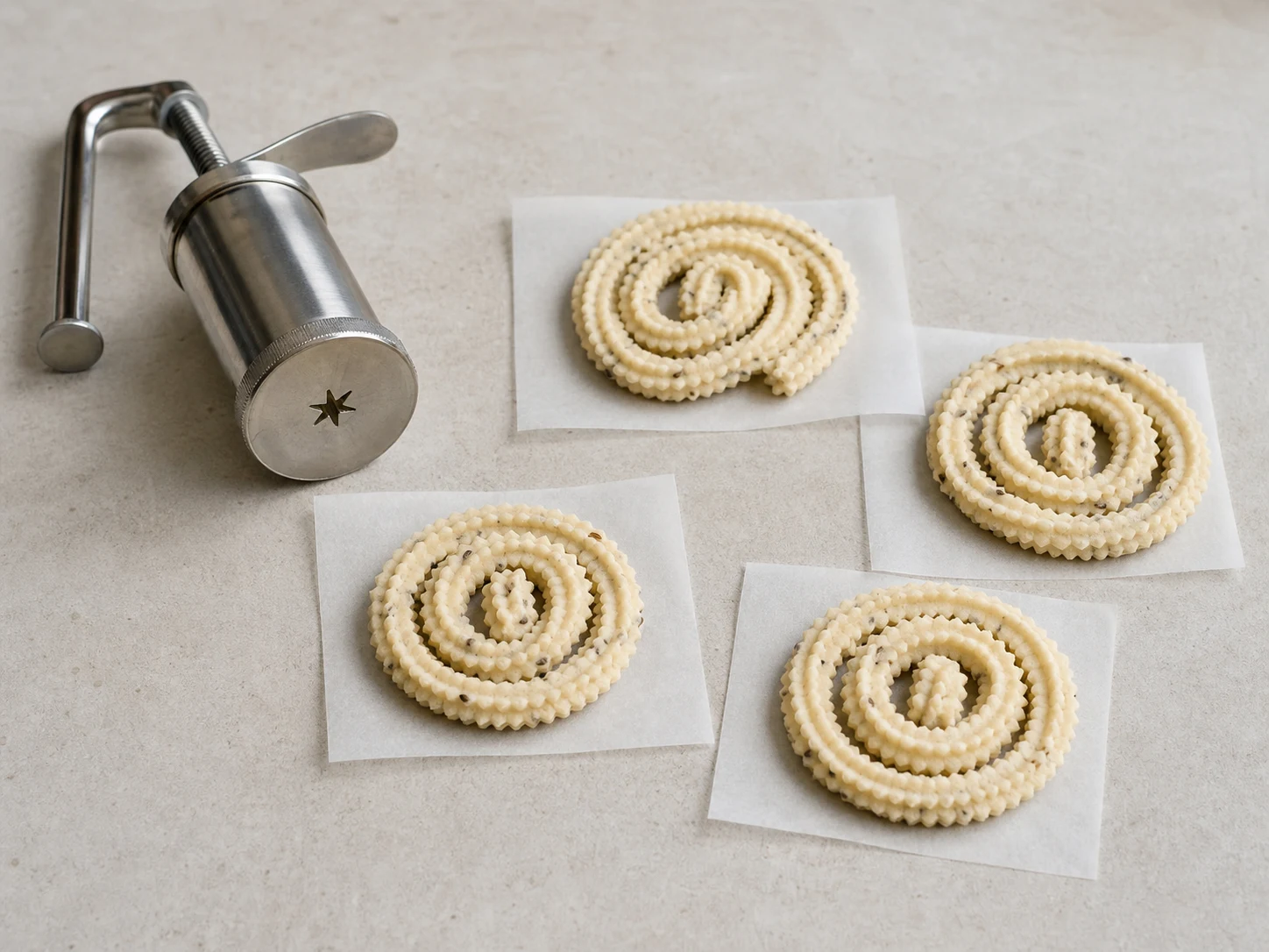 Unfried ridged murukku spirals pressed onto parchment squares