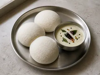 Steamed idlis served with coconut chutney and mustard seed tempering