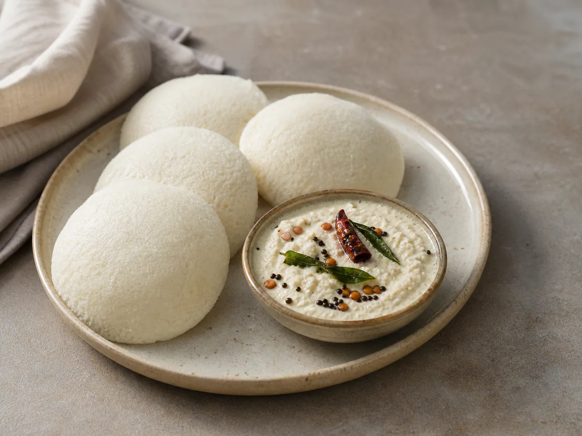 Idlis cozidos no vapor servidos com chutney de coco e têmpera de sementes de mostarda
